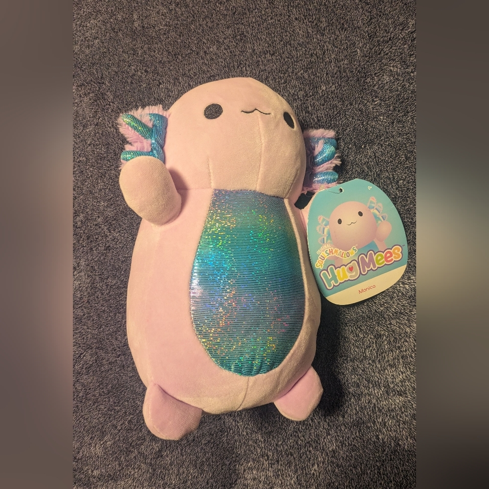 Squishmallow axolotl stuffed animal "Hug MEEs" named Monica on tag 12 inches